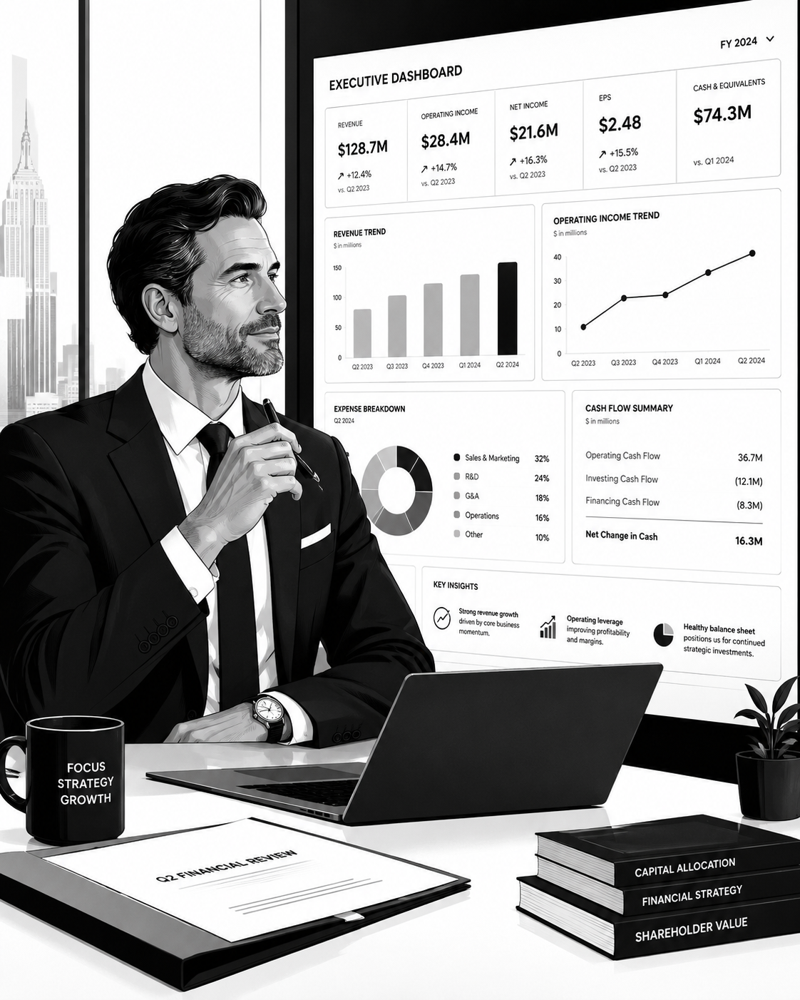 Professional executive confidently reviewing financial dashboards and metrics.