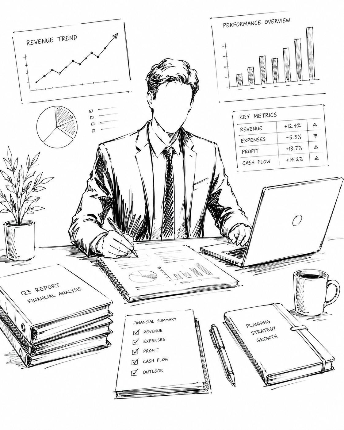 Confident finance leader with organized metrics and clear insights