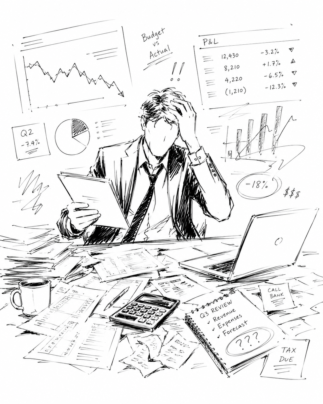 Overwhelmed finance leader surrounded by scattered data and reports
